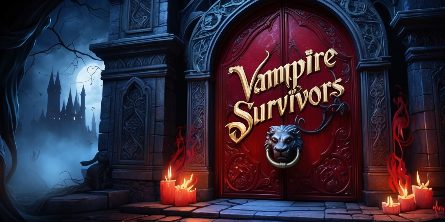 A hauntingly lit, darkly ornate illustration featuring a grand, gothic-inspired gate with intricately carved stone walls, reminiscent of Castlevania's iconic castle architecture, serving as the backdrop for a dramatic scene showcasing the Vampire Survivors game characters, with bold, vibrant colors and exaggerated features, evoking a sense of dark fantasy and mystery, surrounded by wispy, candle-like flames and eerie, glowing mist, with the focal point being a large, ornate, blood-red door with a heavy, ancient-looking iron knocker in the shape of a lion's head, adorned with a golden, cursive 