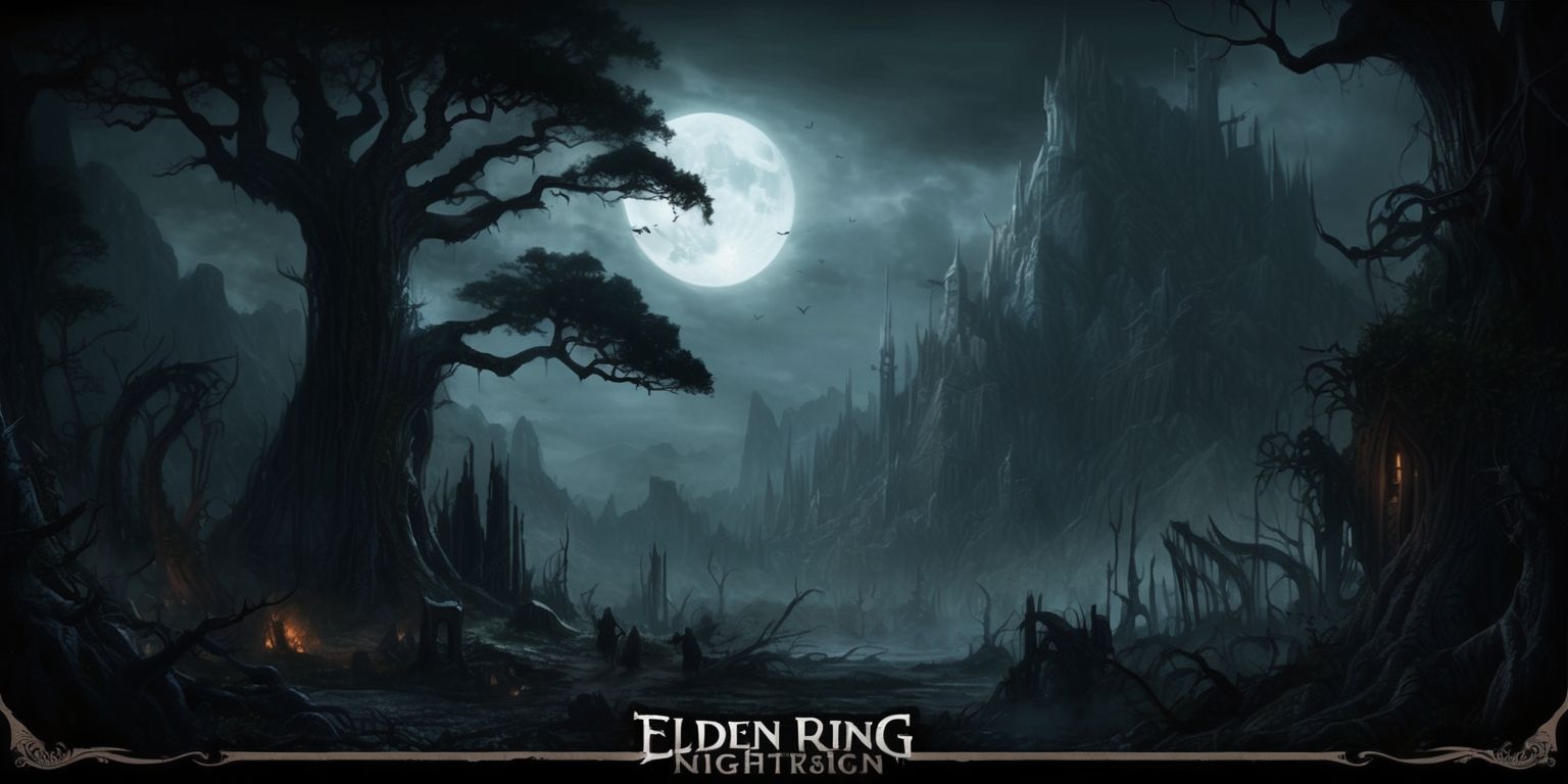 A dark, mystical landscape inspired by the Elden Ring Nightreign game, with a somber, gothic atmosphere, featuring towering, ancient trees, and a full moon hanging low in the sky, casting an eerie glow over the desolate, ruined landscape, with hints of dark magic and mysterious, otherworldly creatures lurking in the shadows, set against a backdrop of rugged, rocky mountains and a deep, foreboding forest, with intricate, haunting details and a sense of foreboding, in a style reminiscent of dark fantasy, with muted, ominous colors and subtle, eerie lighting.