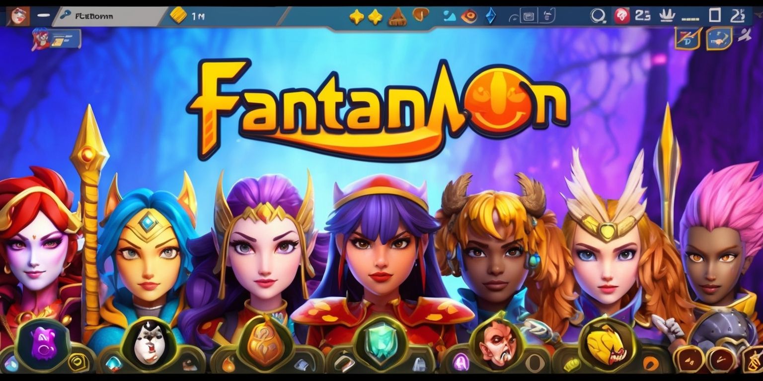 Fantamon is a vibrant idle RPG game set in a richly colored fantasy world with intricate details, featuring a diverse cast of characters with unique facial features, varied skin tones, and distinctive attributes, displayed on a high-definition digital screen with a mix of 2D and 3D graphics, incorporating a bold, modern font style for the game's title and intuitive interface elements, with the background showcasing a subtle gradient of blues and purples, and the game's logo prominently displayed in a bright, fiery orange color with a stylized, cursive shape, all carefully composed within a standard 16:9 aspect ratio layout.