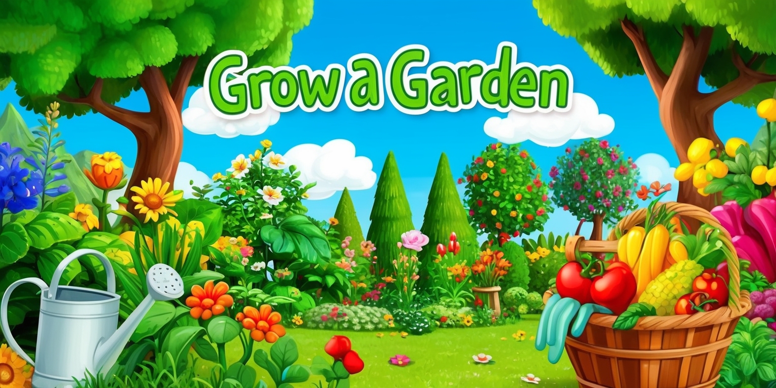 A vibrant and colorful illustration of a whimsical garden scene for the Grow a Garden game, featuring a variety of lush green plants, blooming flowers, and towering trees, with a bright blue sky and fluffy white clouds in the background, and a few garden tools and accessories scattered throughout, including a watering can, gardening gloves, and a basket filled with freshly picked fruits and vegetables, with the game's title Grow a Garden written in bold, curly, green letters across the top of the image in a playful, childlike font.