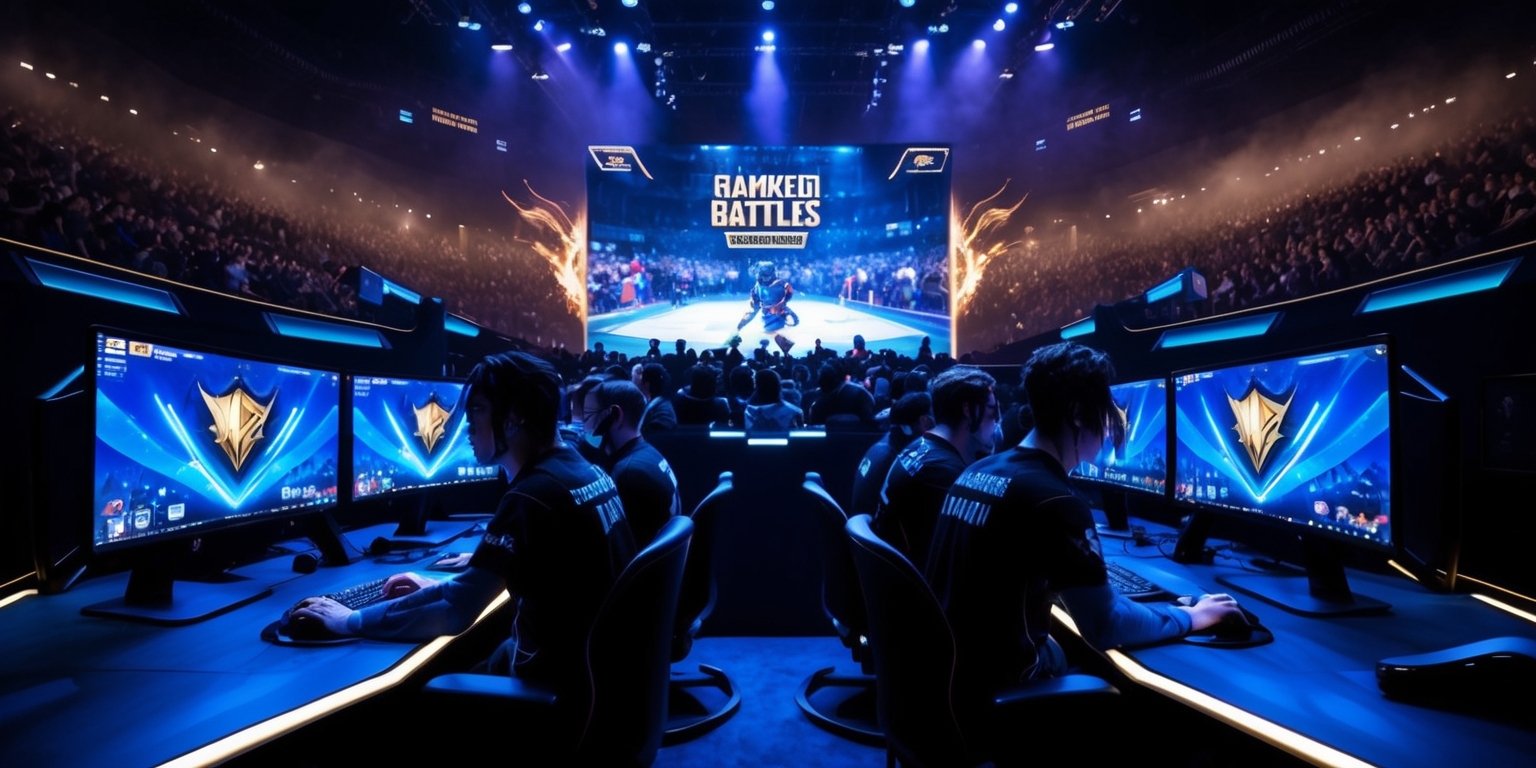 A dramatic scene of a competitive Ranked Battles game is set in a darkened esports arena with a large screen displaying the game at the front, the atmosphere is tense and electrifying, with a sea of spectators in the background, all fixated on the gaming action unfolding before them, the gamers are seated at sleek, high-tech gaming stations, with multiple monitors and professional-grade gaming peripherals, their faces are focused and determined, with a mix of emotions ranging from intense concentration to triumphant smiles, the color scheme is a blend of deep blues and neon hues, with a hint of golden accents, highlighting the prestigious nature of the competition, the game interface on the screens is vibrant and dynamic, with sharp lines and bold fonts, showcasing the game's logo and the players' rankings, the overall mood is one of high-stakes competition and nail-biting suspense.