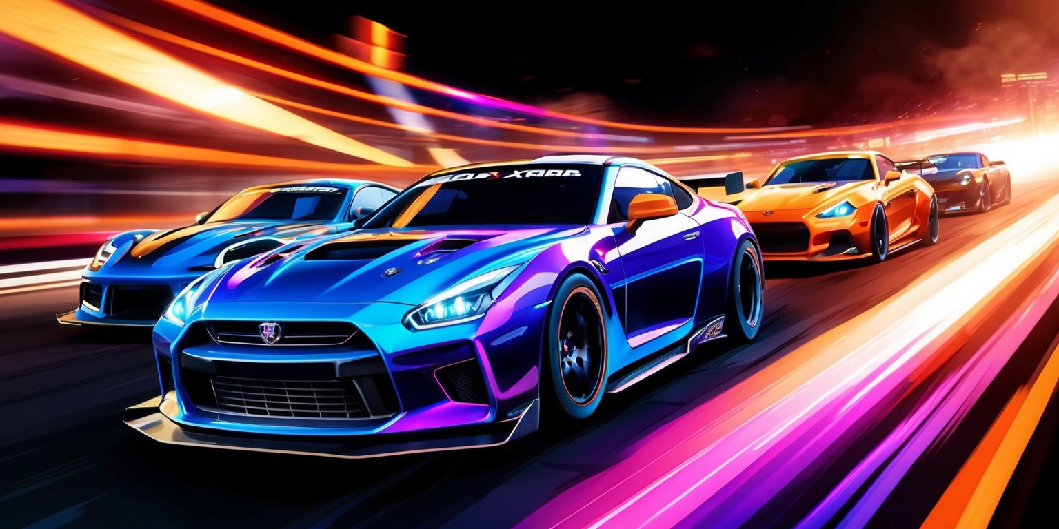 A dynamic illustration of a Drag x Drive game scene, featuring sleek, high-performance cars with vibrant, metallic paints, set against a backdrop of a racing track with a blurred atmosphere, capturing the speed and intensity of the game, with bold, neon lights illuminating the dark surroundings, and in the foreground, a close-up of a car's front grille, with sharp, angular lines, and a bright, glowing dashboard, reflecting the excitement and adrenaline of the game, with a mix of warm and cool colors, blending oranges, blues, and purples, to convey the thrill and energy of the Drag x Drive gaming experience.