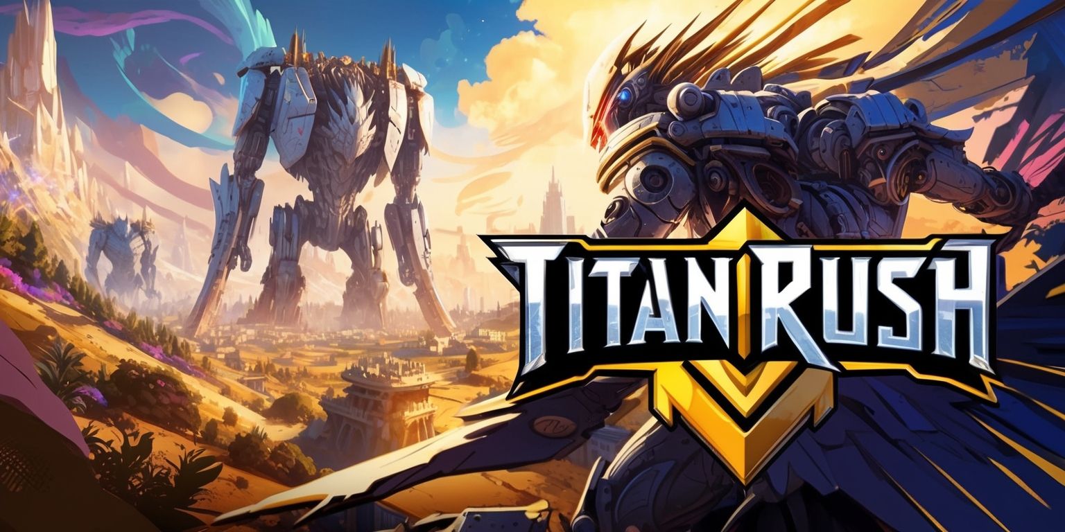 A vibrant and dynamic illustration of the Titan Rush game, featuring a sprawling fantasy landscape with towering titans in the background, set against a warm and golden color palette with hints of deep blues and purples, with intricate details on the titans' mechanical bodies and the surrounding environment, and a sense of movement and energy captured in the scene, with bold lines and textures, and a mix of digital and hand-drawn elements, with the game's logo prominently displayed in a futuristic, metallic font with sharp edges and a silver and gold color scheme.