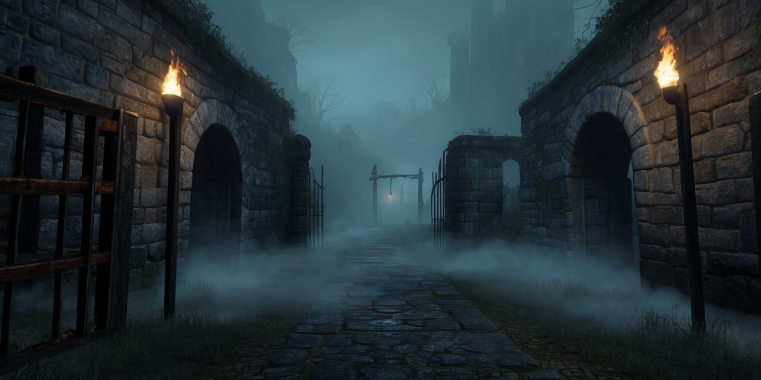 A dark and eerie Mist game level set in a mysterious and abandoned environment with old stone walls covered in mist and fog, illuminated by faint and flickering torches, with a sense of foreboding and tension, featuring a narrow and winding path leading into the distance, surrounded by dense and eerie mist that obscures the view, with old and rusty gates and crumbling structures in the background, and a predominantly dark and muted color palette with shades of grey and blue to enhance the sense of mystery and fear.