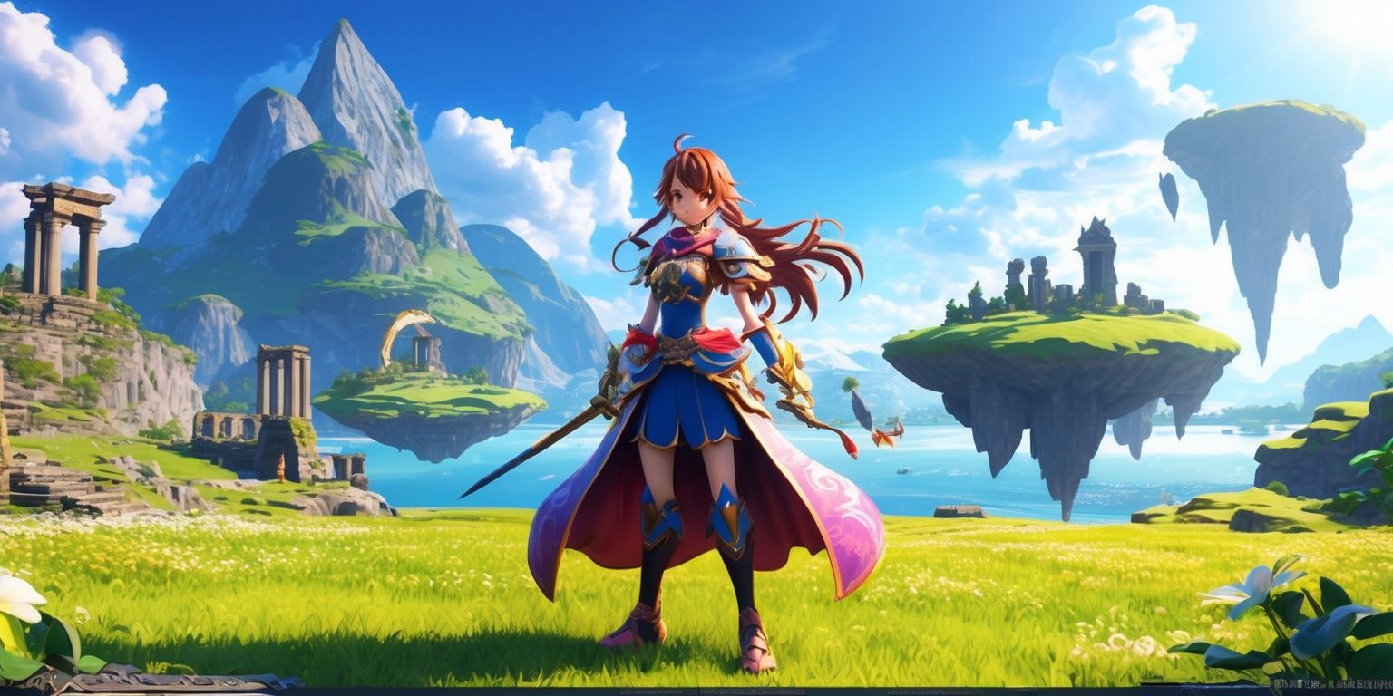 A vibrant fantasy action RPG scene inspired by Genshin Impact, featuring a stylized anime character standing in a breathtaking open-world landscape with towering mountains, floating islands, ancient ruins, lush green meadows, glowing flowers, and a bright blue sky with soft clouds. Use polished cel-shaded 3D game-art rendering, expressive facial features, detailed colorful clothing, flowing hair, ornate fantasy accessories, dynamic lighting, vivid saturated colors, atmospheric depth, and cinematic composition. Frame the character in the foreground with the expansive world stretching into the distance, conveying adventure, magic, exploration, and high-fantasy wonder.