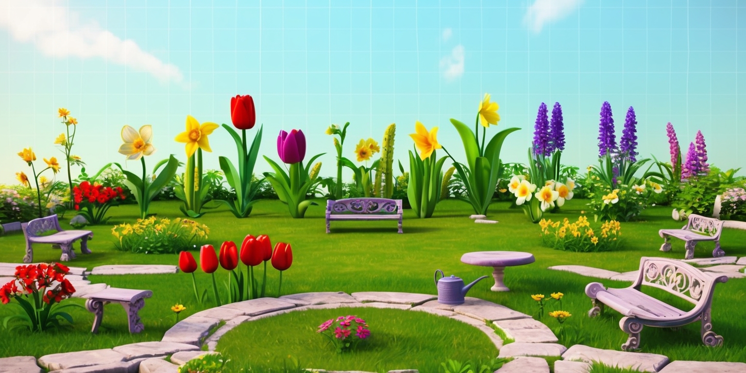 A serene and vibrant garden simulation game scene, set against a soft, gradient blue sky with a few wispy white clouds, featuring a lush green lawn dotted with various blooming flowers of different shapes and sizes, including red tulips, yellow daffodils, and purple lupines, surrounded by intricately designed stone pathways and ornate garden benches, with a few scattered garden gnomes and a watering can, all rendered in a colorful, whimsical, and highly detailed 3D graphics style, with subtle texture and realistic lighting, and a subtle grid pattern in the background to hint at the game's simulation aspect.