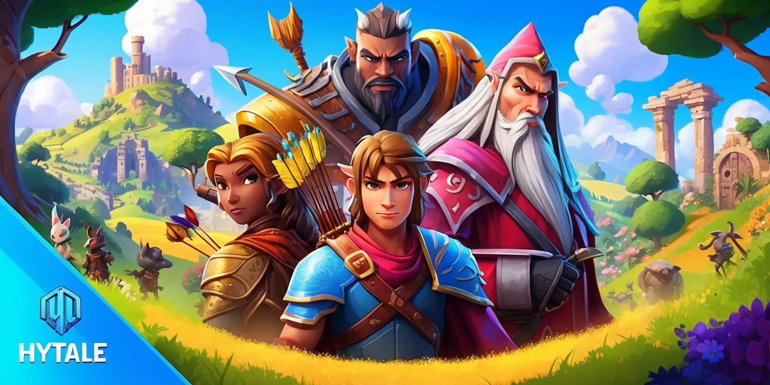 A vibrant digital artwork depicting the fantasy world of Hytale, with a mix of mystical creatures, ancient ruins, and lush landscapes, set against a warm and colorful backdrop with rolling hills, towering trees, and a bright blue sky with puffy white clouds, featuring a variety of characters from the game, including a brave warrior with a strong facial expression, a skilled archer with a quiver full of arrows, and a wise wizard with a long white beard, all with unique skin colors and facial features, with intricate details on their clothing and weapons, and a subtle Hytale logo in the bottom left corner in a modern, sleek font with a silver and blue color scheme.