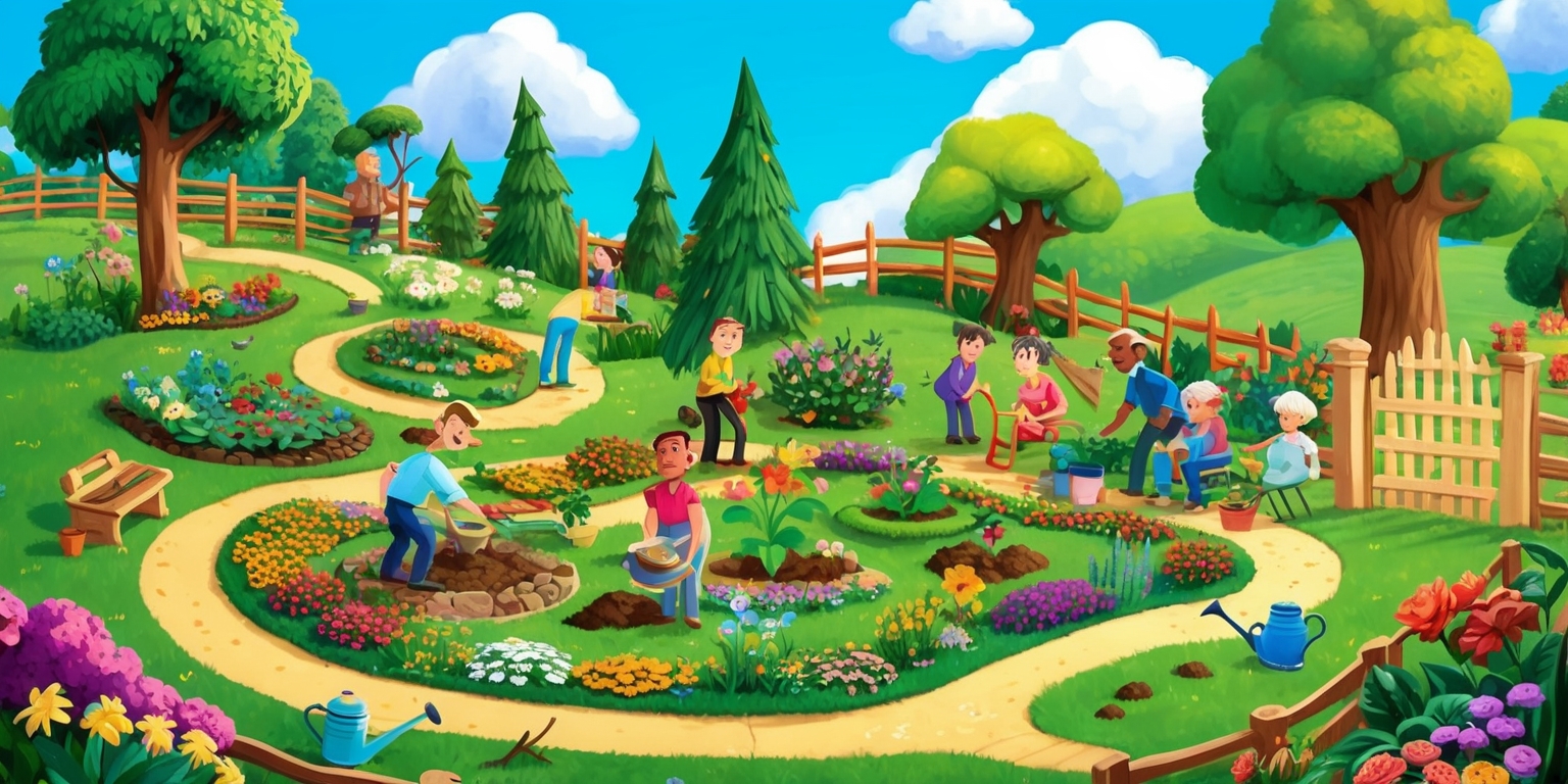 A whimsical illustration of a vibrant garden, with a variety of colorful flowers, lush greenery, and towering trees, set against a bright blue sky with fluffy white clouds, in the style of a board game, with rolling hills and winding pathways, featuring a scenic landscape with a few garden benches and a small pond, surrounded by a wooden fence with a welcoming gate, where several people of different ages and skin colors, with unique facial features and hairstyles, are playing and tending to the garden together, with some digging, planting, and watering, while others are sitting and enjoying the scenery, amidst a few garden tools and accessories, such as watering cans, rakes, and baskets, with a sense of joy and community, and a few subtle game elements, like scorecards and dice, blended seamlessly into the garden scene.