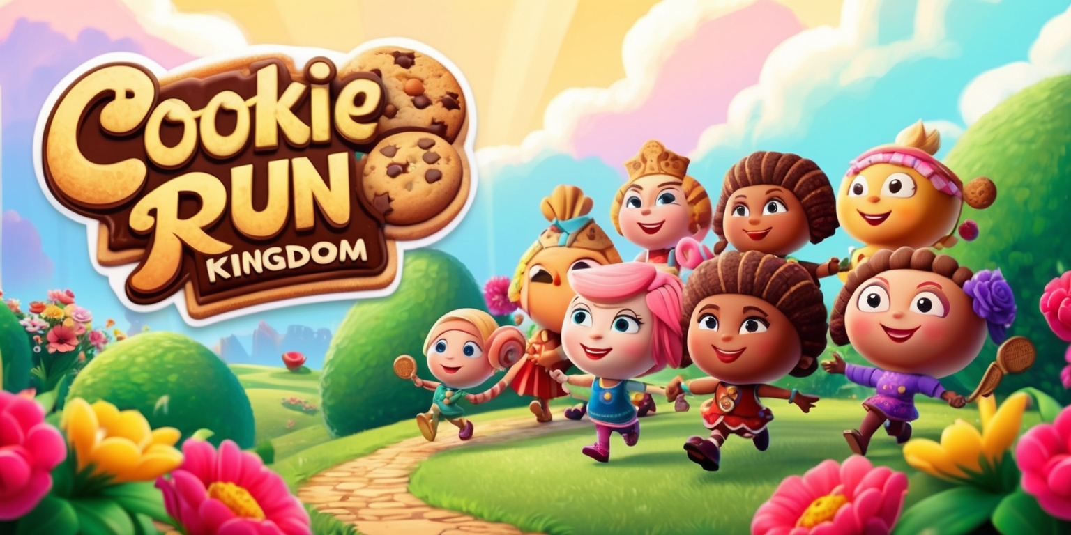 A vibrant, whimsical illustration showcasing the fantastical world of Cookie Run: Kingdom, a popular mobile game, set against a warm, sunny sky with fluffy white clouds and a subtle gradient of pastel colors. In the foreground, a group of colorful, anthropomorphic cookies, each with distinct facial features, outfits, and accessories, are gathered together, surrounded by lush greenery and vibrant flowers. The cookies' skin tones range from soft pink to golden brown, with unique hairstyles and expressions conveying their individual personalities. The game's logo, featuring a stylized, cursive font with bold, golden lettering and a delicate, ornate design, is prominently displayed in the top-left corner, surrounded by intricate borders and patterns. The overall style is reminiscent of a fairy tale, with bold lines, textured details, and a mix of realistic and stylized elements, creating a sense of wonder and magic.