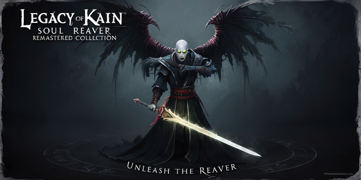 A hauntingly beautiful, gothic-inspired key art for the Legacy of Kain: Soul Reaver Remastered Collection game, set against a dark, ominous background with faded, eerie mist. At the center, Raziel, the protagonist, stands poised with his signature spectral wings unfolded, his pale, gaunt face twisted in a scowl, with piercing green eyes glowing like embers. He's dressed in tattered, black robes with intricate, crimson-lined trim, his bony fingers grasping the hilt of his iconic Soul Reaver sword. The sword's blade shimmers with an otherworldly, ethereal glow, as if infused with the very essence of the soul. In the foreground, subtle, cryptic runes and ancient symbols etch the ground, hinting at the game's complex, storied narrative. The title Legacy of Kain: Soul Reaver Remastered Collection emblazons the top in bold, gothic script, with the tagline Unleash the Reaver written in smaller text, curved around the bottom of the image like a whispered secret.