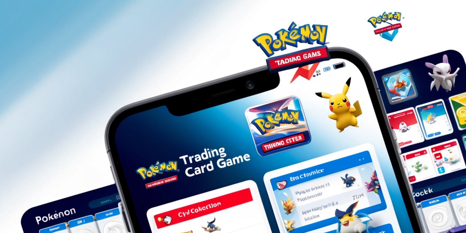 A sleek, modern illustration of a mobile device screen showcasing the Pokémon Trading Card Game Pocket app, with a clean white background that subtly gradates to a gentle blue at the top, evoking a sense of digital sophistication. The app's interface features vibrant, bold colors, with iconic Pokémon characters and graphical elements reminiscent of the classic trading cards. The screen is divided into neatly organized sections, with Card Collection, Deck Builder, and Game Modes tabs prominently displayed. A few 3D Pokémon models are scattered throughout the screen, adding a touch of whimsy and depth. The overall aesthetic blends nostalgic charm with cutting-edge digital design, creating an visually appealing and immersive atmosphere. The app's logo, a stylized combination mark featuring the Pokémon and Trading Card Game logos, sits atop the screen in bold, bright colors.