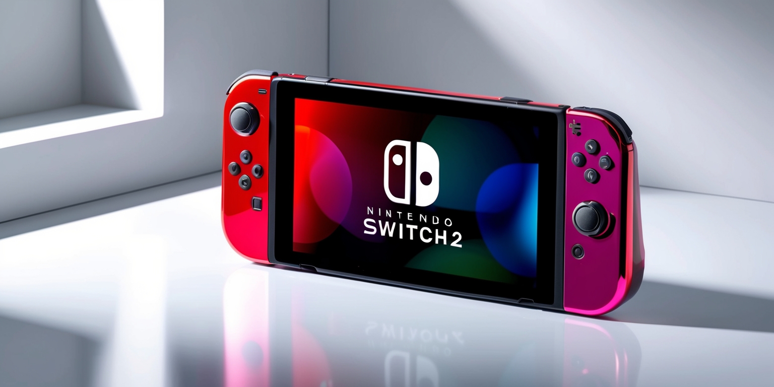 A sleek, modern, and futuristic Nintendo Switch 2 console with a vibrant and high-gloss finish, possibly featuring metallic accents and subtle curves, sitting on a clean and minimalist white or light-gray background, with the console's screen displaying a vibrant and colorful game scene or menu, with a few iconic Nintendo characters or logos, rendered in a highly detailed and realistic style with subtle shadows and reflections, with a slight sense of depth and dimensionality.