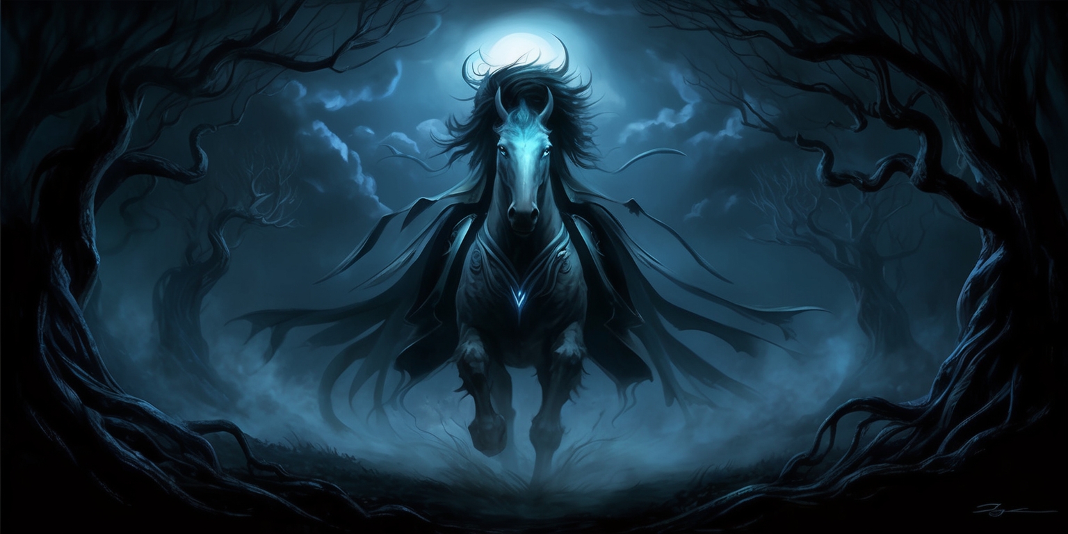 A hauntingly lit, cinematic illustration of a dark, misty night in the Elden Ring universe, with the imposing figure of Night's Cavalry, the Nightreign, majestically centered in the composition, its ethereal horse's eyes glowing with an otherworldly intensity, surrounded by wispy fog and eerie, twisted tree silhouettes, with subtle, mystical runes etched into the dark, stone-like armor, set against a dark blue, almost black background with subtle, gradient-like clouds, evoking a sense of foreboding and mystique, in a style reminiscent of dark fantasy and gothic horror, with bold, expressive brushstrokes and intricate textures, inviting the viewer into the dark, mystical world of Elden Ring.