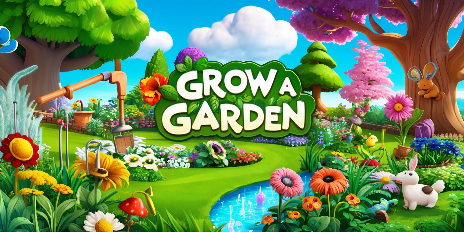 A vibrant and colorful digital illustration of a whimsical garden scene for the Grow a Garden game, featuring lush green grass, diverse flowers, and towering trees, with a bright blue sky and fluffy white clouds in the background, incorporating various garden-themed game elements, such as animated gardening tools, sparkling water features, and adorable creatures, all seamlessly integrated into a beautiful and intricate landscape, with bold lines, delicate textures, and a mix of realistic and fantastical elements, inviting players to explore and nurture their own virtual garden.