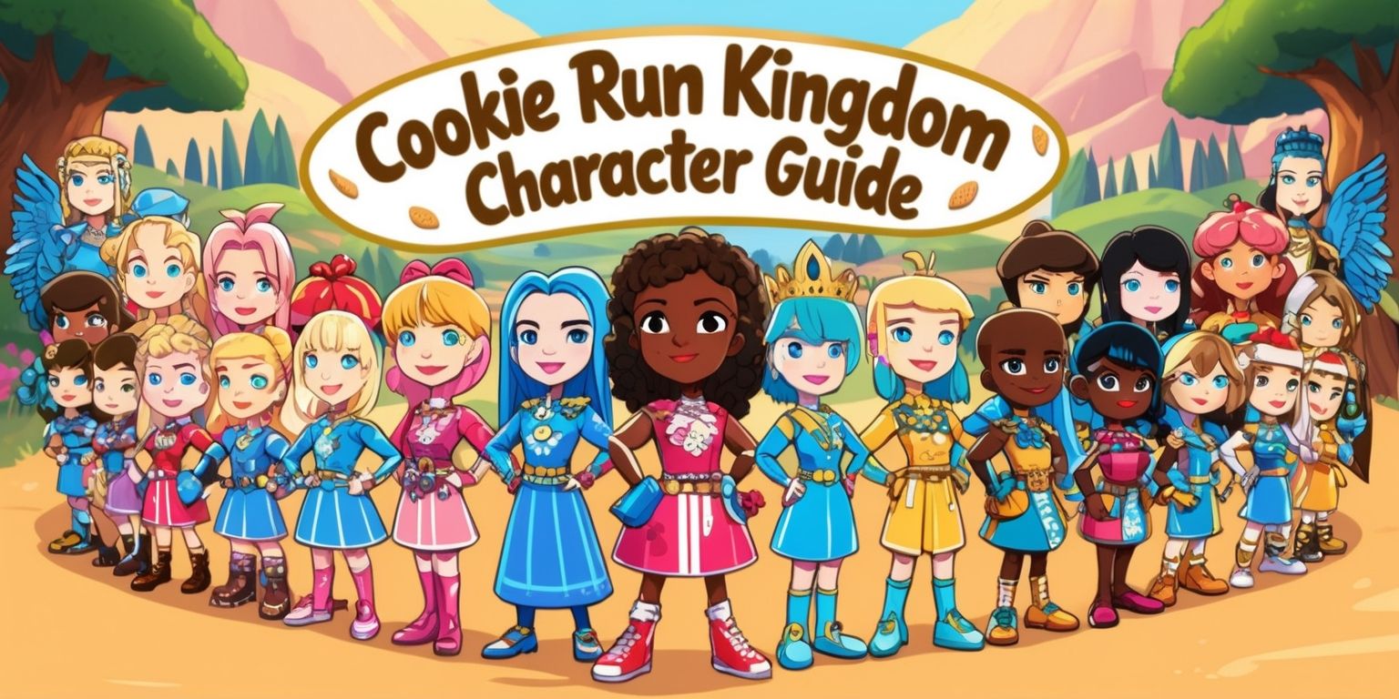 A vibrant and colorful illustration of various Cookie Run Kingdom characters stood together in a harmonious scene, each with distinct facial features and personalities, set against a warm and inviting kingdom background with rolling hills and towering trees, the characters are arranged in a circular layout with the main characters in the center, including Pure Vanilla Cookie, Strawberry Cookie, and Chocolate Chip Cookie, all with unique accessories and outfits, the color palette is bright and pastel with shades of pink, blue, and yellow, the characters' skin tones range from fair to golden brown, with detailed textures and patterns on their clothes and hair, the overall style is reminiscent of anime and manga, with bold lines and expressive facial expressions, the text Cookie Run Kingdom Character Guide is written in a curved line above the characters in a bold, cursive font with golden accents.