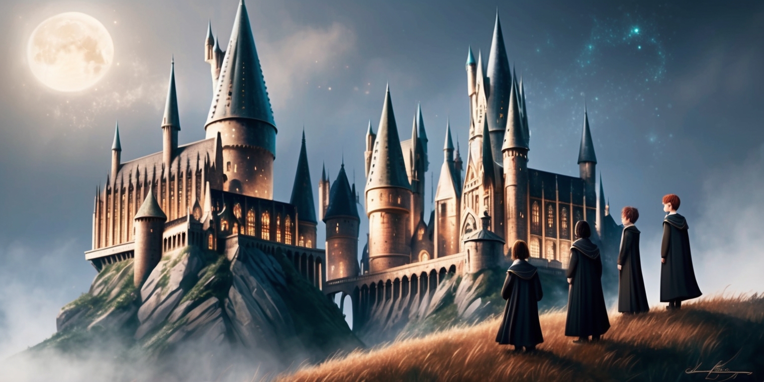 A majestic, detailed illustration of the Hogwarts School of Witchcraft and Wizardry, inspired by the Hogwarts Legacy game, set against a misty, moonlit sky with subtle, shimmering stars. The castle's towering spires and grand turrets are bathed in a soft, warm golden light, with hints of crimson and emerald green, evoking a sense of magic and wonder. The walls and towers are adorned with intricate stone carvings, ornate windows, and mystical symbols. In the foreground, a small group of students, clad in long, flowing robes, stand atop a hill, gazing up at the enchanting castle, their faces filled with a mix of awe, curiosity, and excitement. The atmosphere is serene, mystical, and inviting, capturing the essence of the beloved Harry Potter universe.