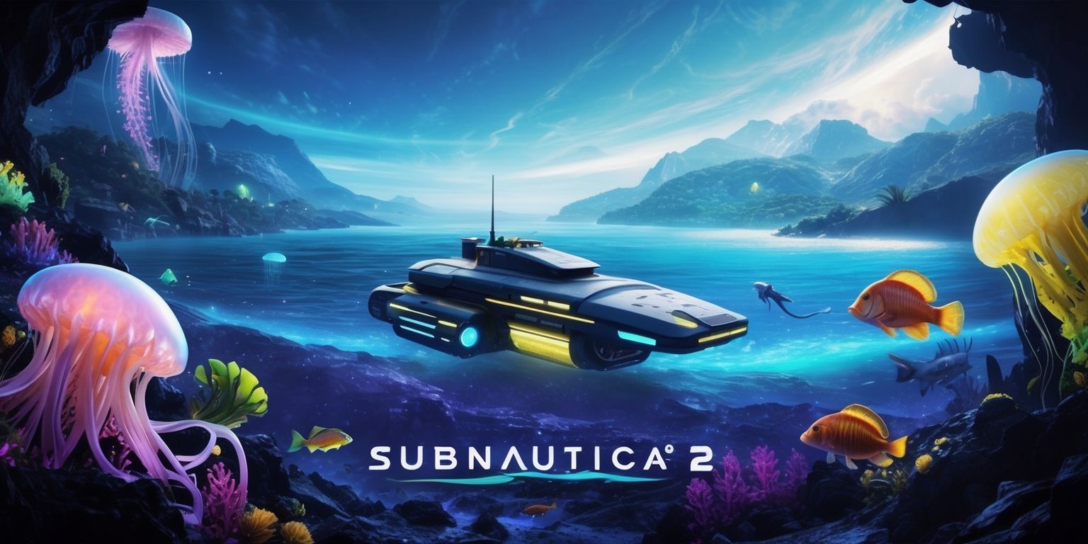 A vibrant, futuristic illustration of the Subnautica 2 game, set in an underwater alien world with a vast oceanic landscape, featuring a mix of bioluminescent flora and fauna, with a sleek, high-tech underwater vehicle or base in the foreground, surrounded by exotic sea creatures, including giant jellyfish and anglerfish, with a distant, mysterious, mountainous terrain, and a subtle, shimmering light effect, in a digital art style, with a palette of deep blues and purples, and accents of bright green and yellow, with intricate details and textures, capturing the sense of wonder and discovery that defines the game.