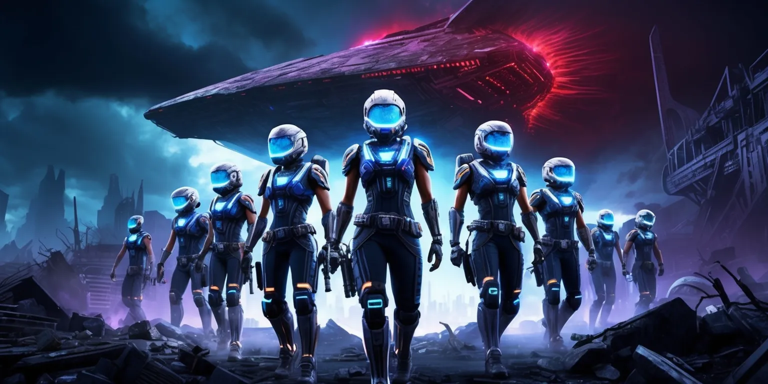 A futuristic sci-fi scene depicting a group of Arc Raiders from the game, set against a dystopian backdrop with a dark and ominous sky, the characters dressed in advanced high-tech exosuits with metallic accents and neon lights, their faces obscured by helmets with glowing blue visors, standing heroically with a mix of determination and caution, surrounded by ruins and debris, with a massive alien spaceship looming in the distance, its surface etched with intricate details and pulsing with a menacing red glow, the entire scene bathed in a cool blue and purple hue, with bold lines and sharp textures, and a sense of dynamic energy and tension.