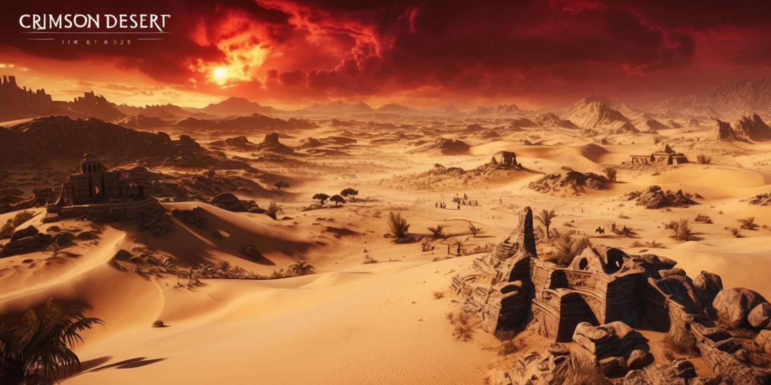 A vast, sprawling desert landscape set in the Crimson Desert game, with intricate details and textures, featuring a mix of sandy dunes, rocky outcrops, and oases, under a vibrant, fiery sky with hues of crimson and gold, with possibly a few characters or creatures from the game in the distance, such as warriors or mythical beasts, with a sense of adventure and exploration, and a dramatic, cinematic style, with bold lines, and vivid, earthy colors, and a focus on the rugged, natural beauty of the desert environment, with possibly some ancient ruins or mysterious artifacts scattered throughout the scene.