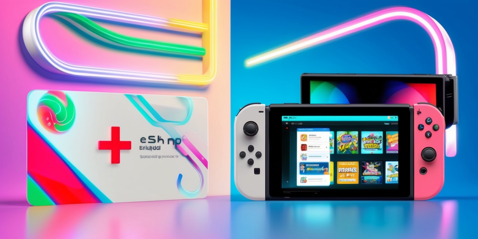 A modern, vibrant illustration showcasing the Nintendo Switch 2 eShop Credit and Membership Guide, set against a bold, electric blue background, evoking a sense of excitement and digital innovation. In the center, a sleek, silver Nintendo Switch 2 console is prominently displayed, with a large, transparent screen highlighting the eShop interface, featuring vibrant icons and a scrolling feed of popular games. To the left, a stylized, white membership card with a shiny, metallic finish, complete with a bold, red Plus logo and a series of colorful, swirling patterns. Above the console, a series of curved, neon-lit lines and shapes in shades of pink, green, and yellow, creating a dynamic, futuristic aesthetic. The illustration is framed by a thin, white border, with a subtle, gradient effect to enhance the overall visual appeal.
