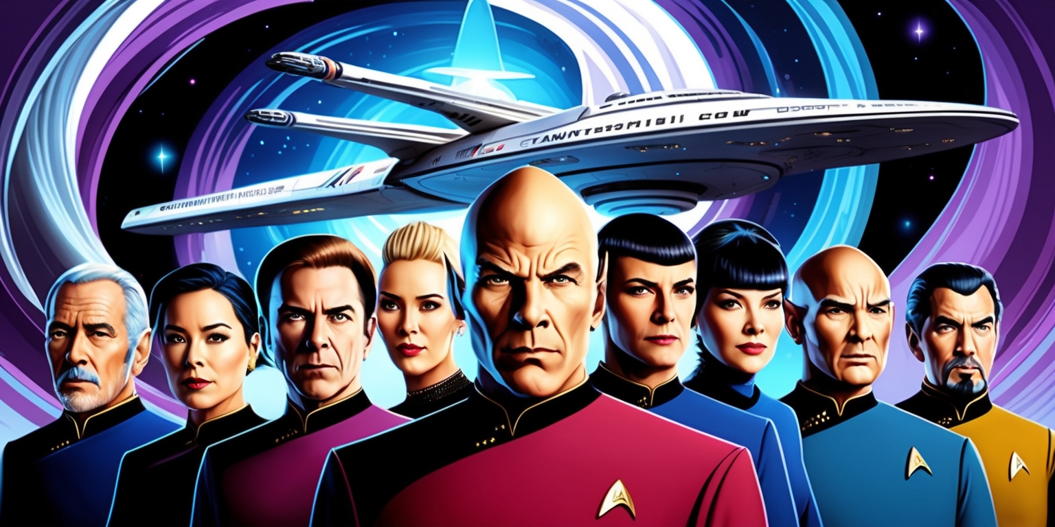 A futuristic, vibrant illustration depicting the Star Trek franchise, showcasing the iconic USS Enterprise NCC-1701-D spaceship soaring through a swirling, nebula-inspired background with shades of deep blues, purples, and silvers, illuminated by bright, glowing stars. In the foreground, a group of diverse characters from the franchise stand together, including Captain Jean-Luc Picard, Commander William Riker, Lieutenant Commander Data, Lieutenant Worf, Counselor Deanna Troi, and Lieutenant Commander Geordi La Forge. Each character's facial features, skin tone, and uniform are meticulously detailed, with a focus on their unique attributes, such as Data's android pale skin and Worf's Klingon forehead ridges. The overall style is a blend of realistic and stylized, with bold lines, vibrant colors, and a sense of dynamic energy, as if the characters are about to step out of the frame and into action.