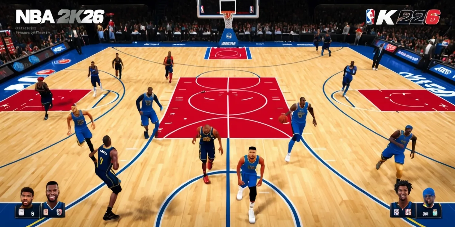 A highly detailed screenshot of the NBA 2K26 game, featuring a central basketball court with vibrant colors, sleek graphics, and realistic player models, the camera angle is from a slight overhead perspective, capturing the entirety of the court, with a mix of light and dark skin tones among the players, each with unique facial features and athletic builds, the game's user interface is visible at the top and bottom of the screen, displaying team logos, scores, and player stats in a modern, sleek font, the overall aesthetic is fast-paced and energetic, with a focus on showcasing the game's realistic gameplay and immersive atmosphere.