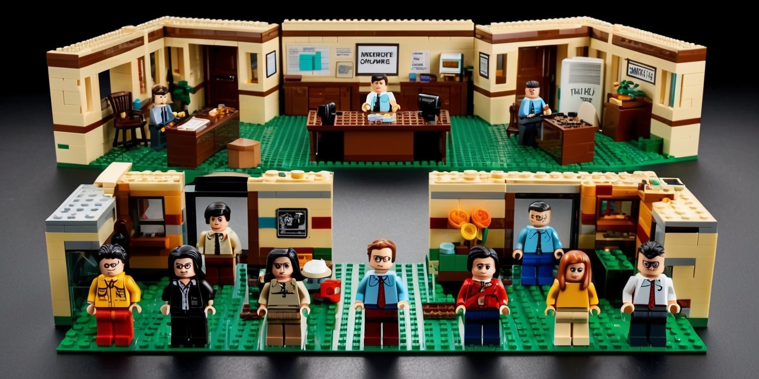 A meticulously crafted, collectible Lego set, meticulously recreating the iconic Dunder Mifflin paper company office from the beloved television comedy series, with intricately designed modular components, including Michael's spacious office, the conference room, and the open-plan workspace, adorned with nostalgic references to famous television moments, such as Dwight's battlestar galactica desk toy and Jim's prank on Dwight's stapler. The set comes with an array of detailed minifigures, capturing the unique personalities and facial features of the show's characters, including Michael's signature smile, Dwight's intense gaze, and Pam's bright, expressive eyes, with skin tones accurately representing the original actors. The minifigures are posed in iconic scenarios, such as Michael's infamous That's what she said gesture and Andy's awkward singing moment. The overall design is vibrant and colorful, reflecting the show's energetic and playful tone, with subtle textures and details that bring the iconic office space to life.