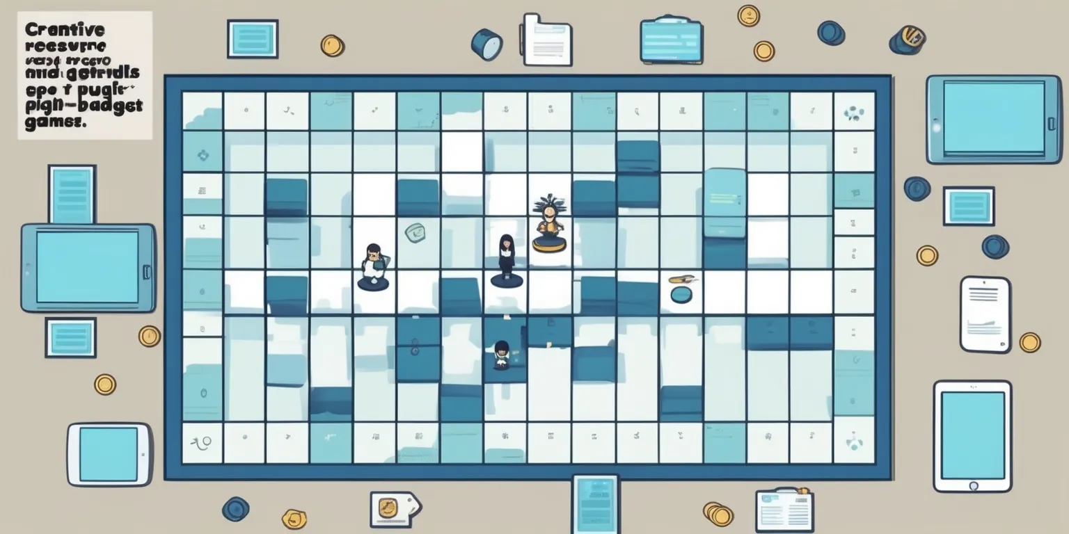 A stylized illustration of a tabletop game board with a minimalist aesthetic, featuring a grid-based layout with simple, modern, and clean-lined pieces, and a subtle color scheme with shades of blue and white, set against a neutral background, with a few characters and resources scattered across the board, such as coins, cards, and small tokens, surrounded by futuristic technological elements like laptops, tablets, and smartphones, all blending together to convey a sense of strategic planning and fiscal discipline, with bold, modern font text overlay highlighting the game's title and key features, such as creative resource management and turn-based mechanics, in a sleek and compact design that challenges traditional high-budget game designs.
