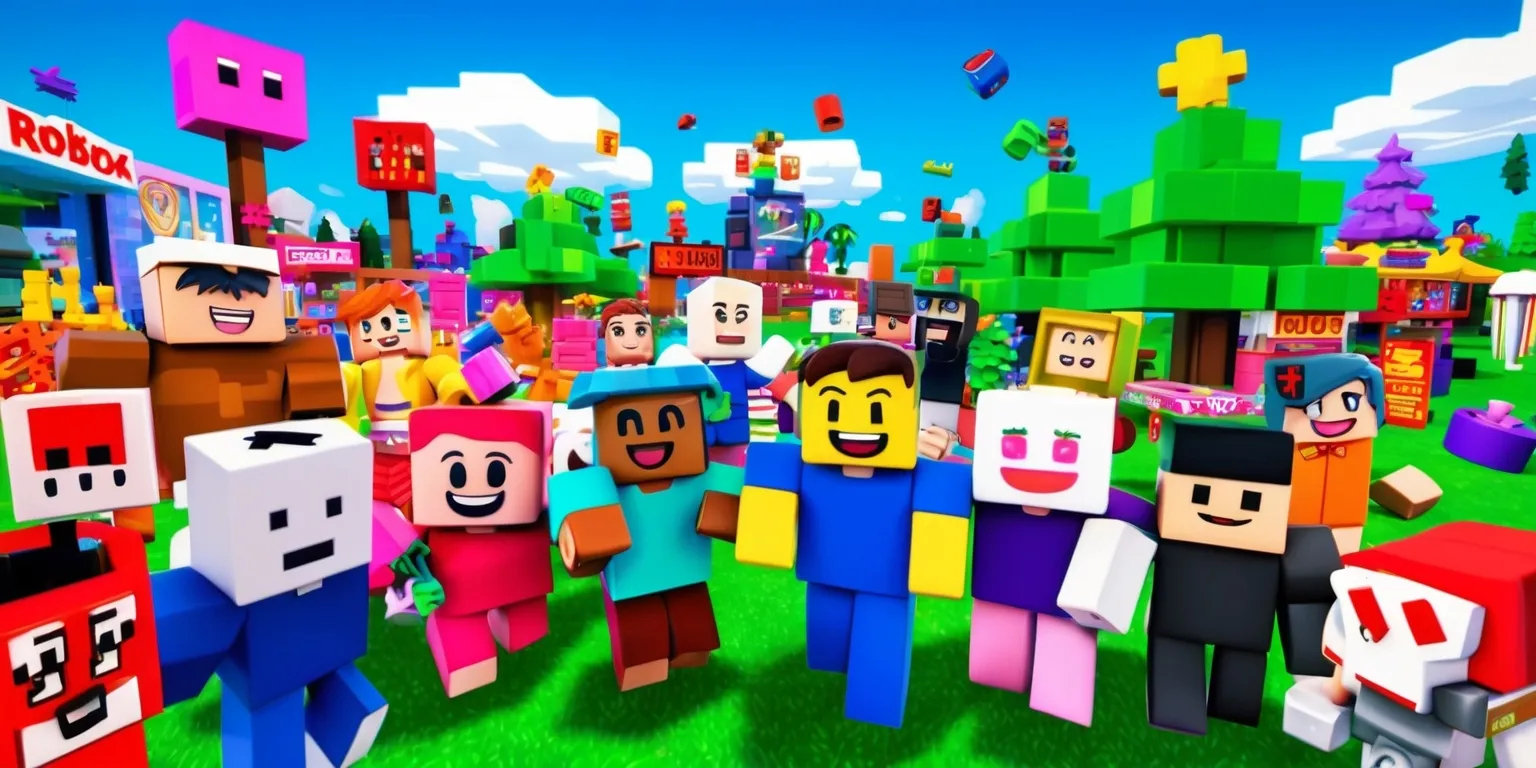 A colorful digital artwork depicting a lively scene from a Roblox game, with blocky, pixelated characters and objects, set against a bright blue sky with puffy white clouds, featuring a variety of Roblox avatars with distinct facial features, ranging from bright smiles to excited expressions, and diverse skin colors, interacting with each other in a virtual environment filled with vibrant, neon-lit buildings, trees, and accessories, with a mix of bold, sans-serif fonts and logos of various Roblox games and items scattered throughout the scene, capturing the imaginative and playful essence of the online gaming platform.