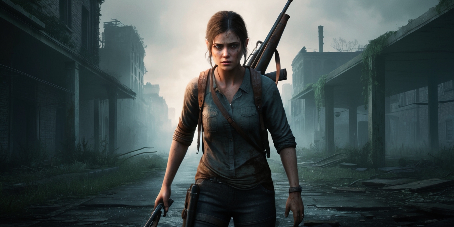 A hauntingly beautiful digital illustration depicting a pivotal moment in The Last of Us Part 3 game, set against a desolate, post-apocalyptic backdrop of overgrown cities and abandoned streets, with eerie mist and faint sunlight casting an ominous glow, featuring Ellie, the protagonist, standing defiantly in the foreground, her determined expression and piercing green eyes gleaming with a mix of fear and resolve, her worn and tattered clothing a testament to her struggles, with Joel's aged and weathered rifle slung over her shoulder, its worn leather and scratched metal reflecting the duo's harsh journey, with subtle hints of ivy and foliage creeping up the ruins, symbolizing the inevitability of nature's reclaim.